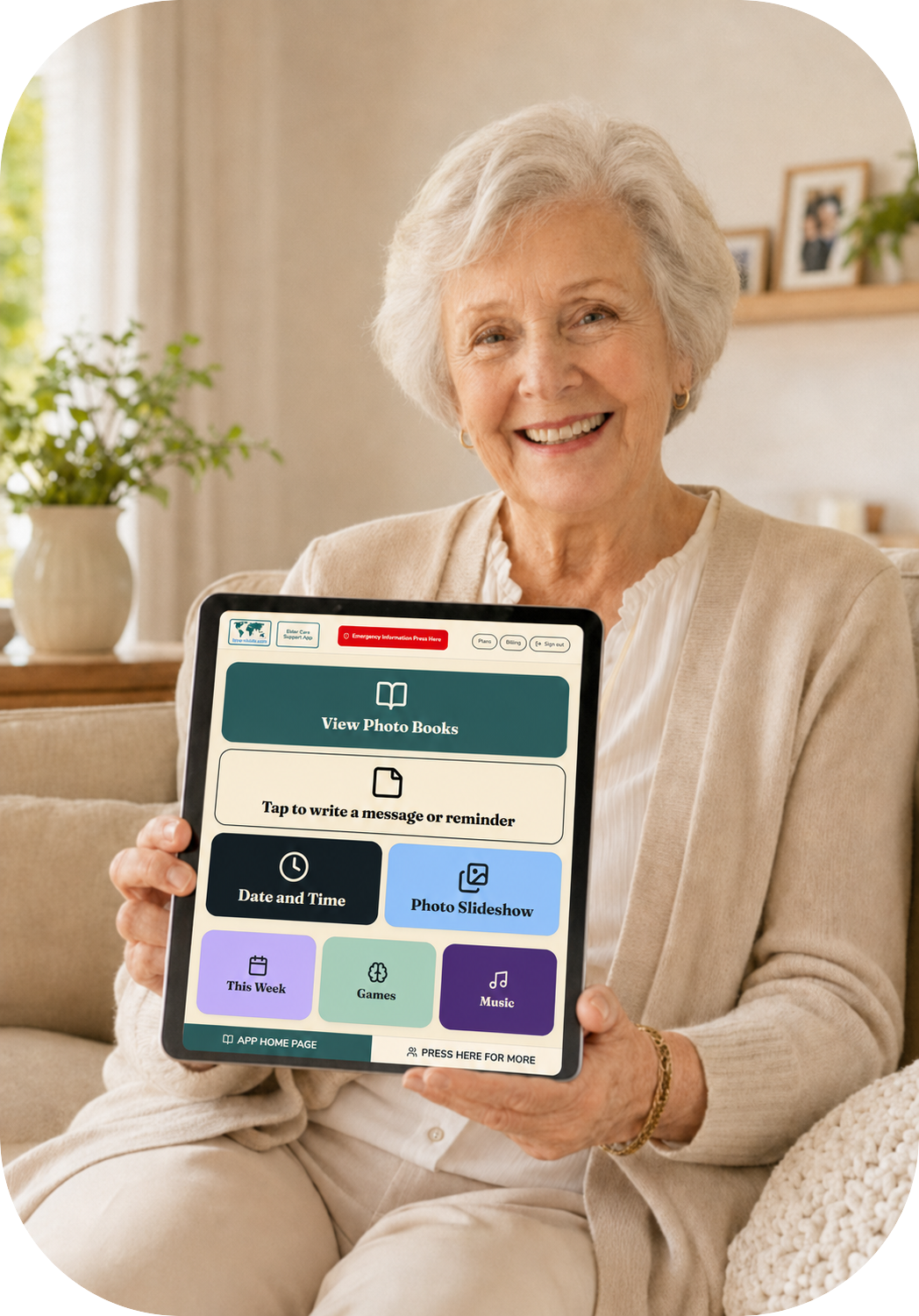 An older woman smiling while holding a tablet showing the Elder Care Support App